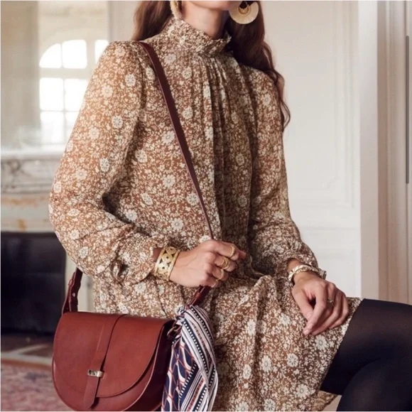 Sezane Olivia Long Sleeve Mini Dress in Flora Moka Brown Size 42 US 10 - Picture 11 of 12